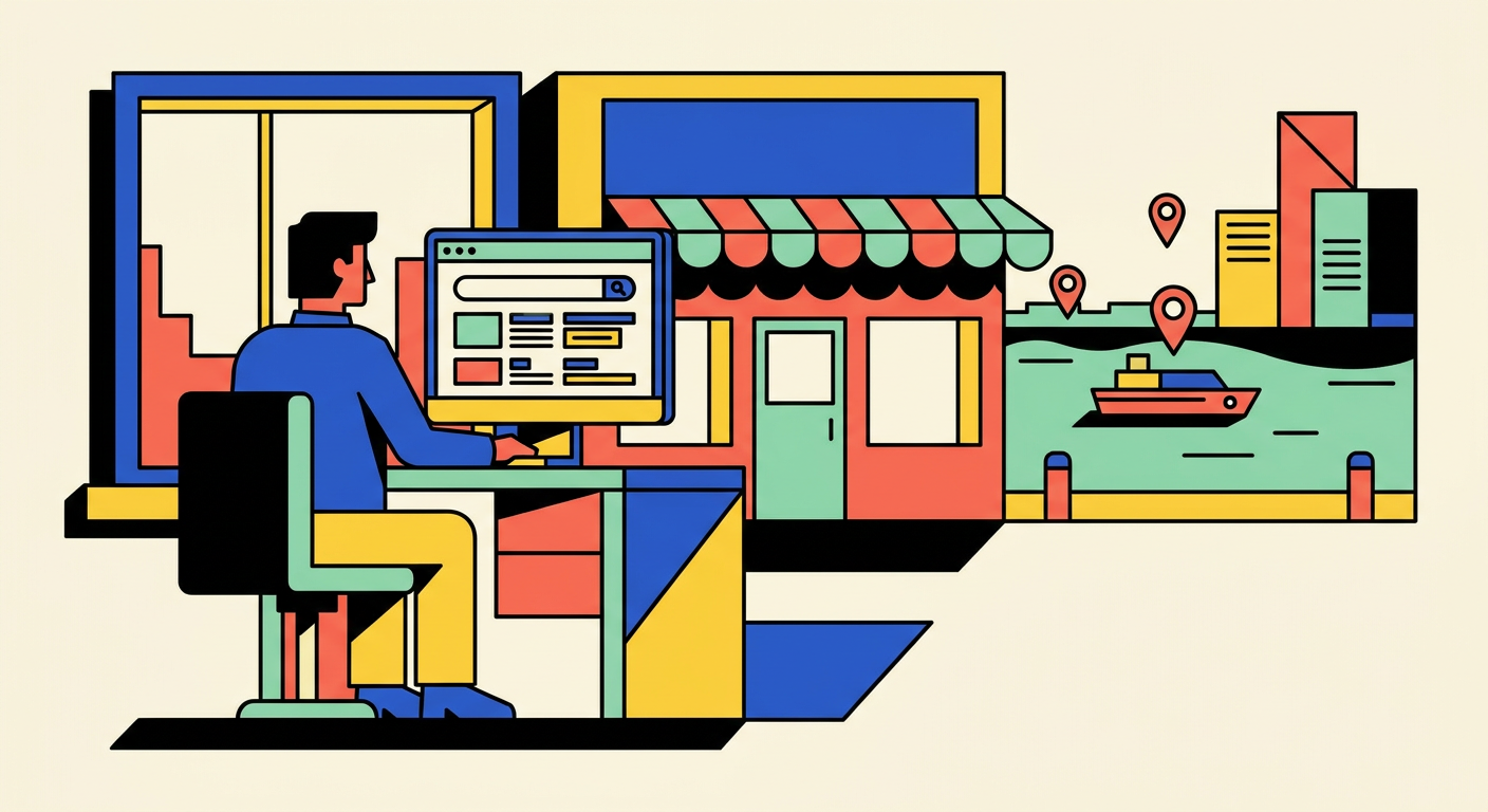 Flat-vector illustration of a business owner reviewing search ads beside a Kuching waterfront scene