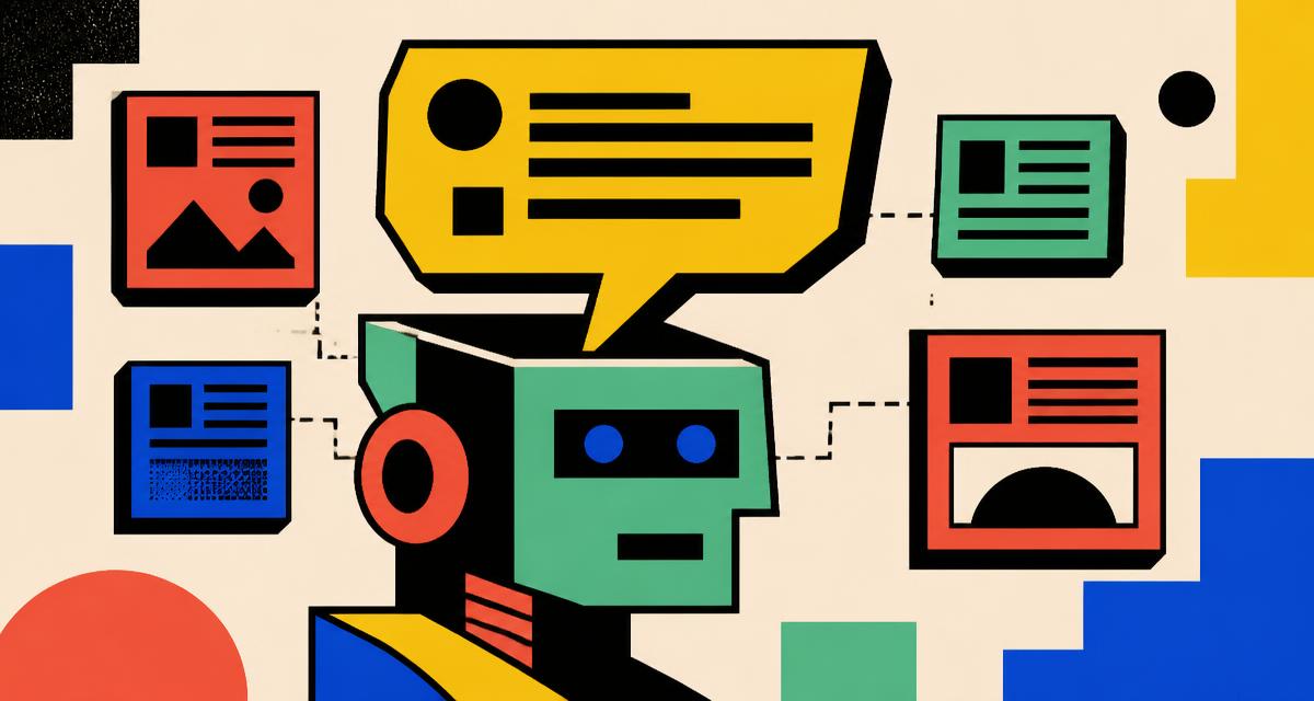 Illustration of a robot with a speech bubble surrounded by cited source cards